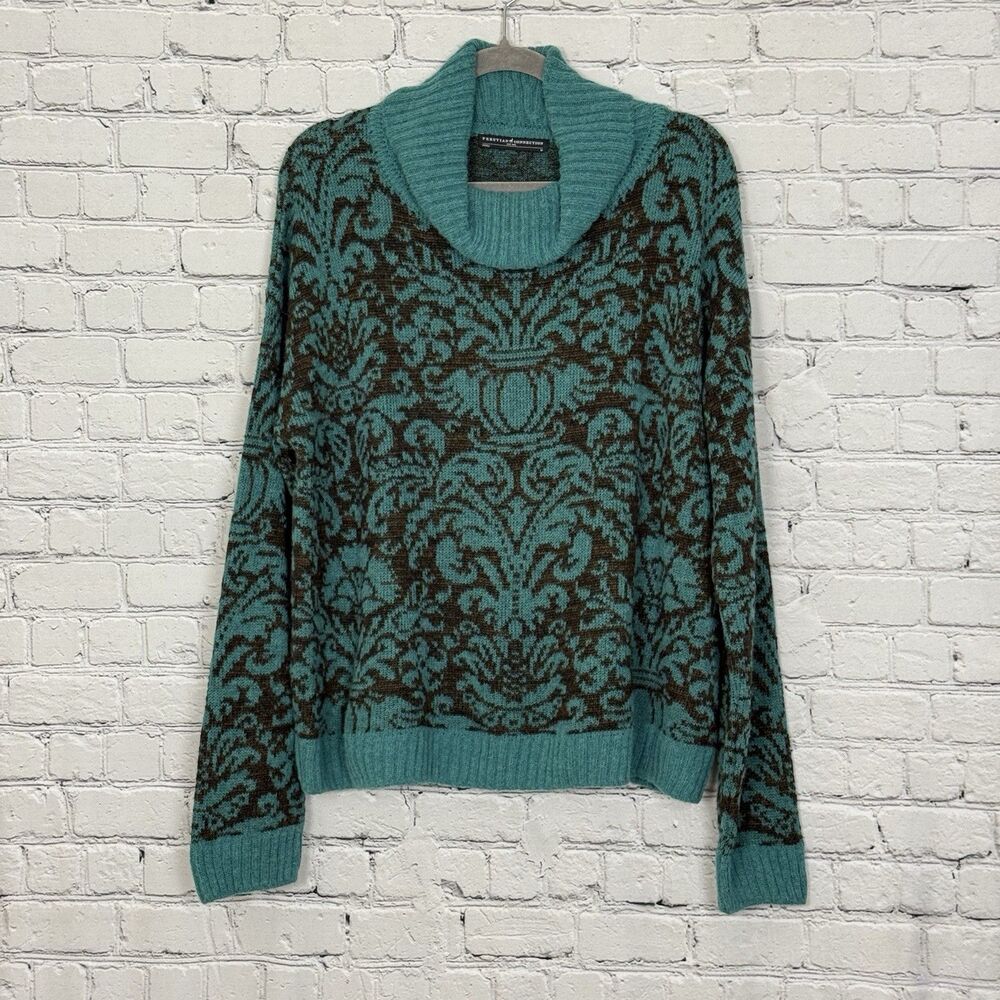Peruvian Connection Womens M Teal Black Jacquard Alpaca Blend Cowl Neck Sweater